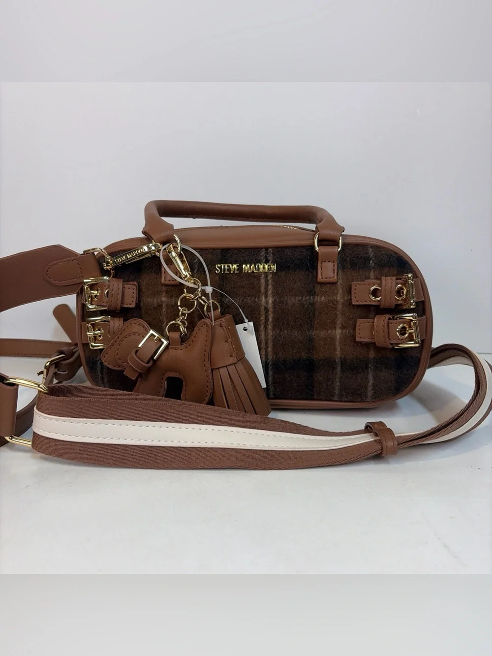 Steve Madden Brown Plaid Blennix Nutshell Crossbody Bag Tassel Dog Charm Fall